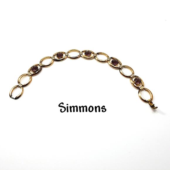 Vintage Simmons Bracelet Purple Glass Gold Tone Links 1920 1940 Egyptian Revival - Picture 10 of 10